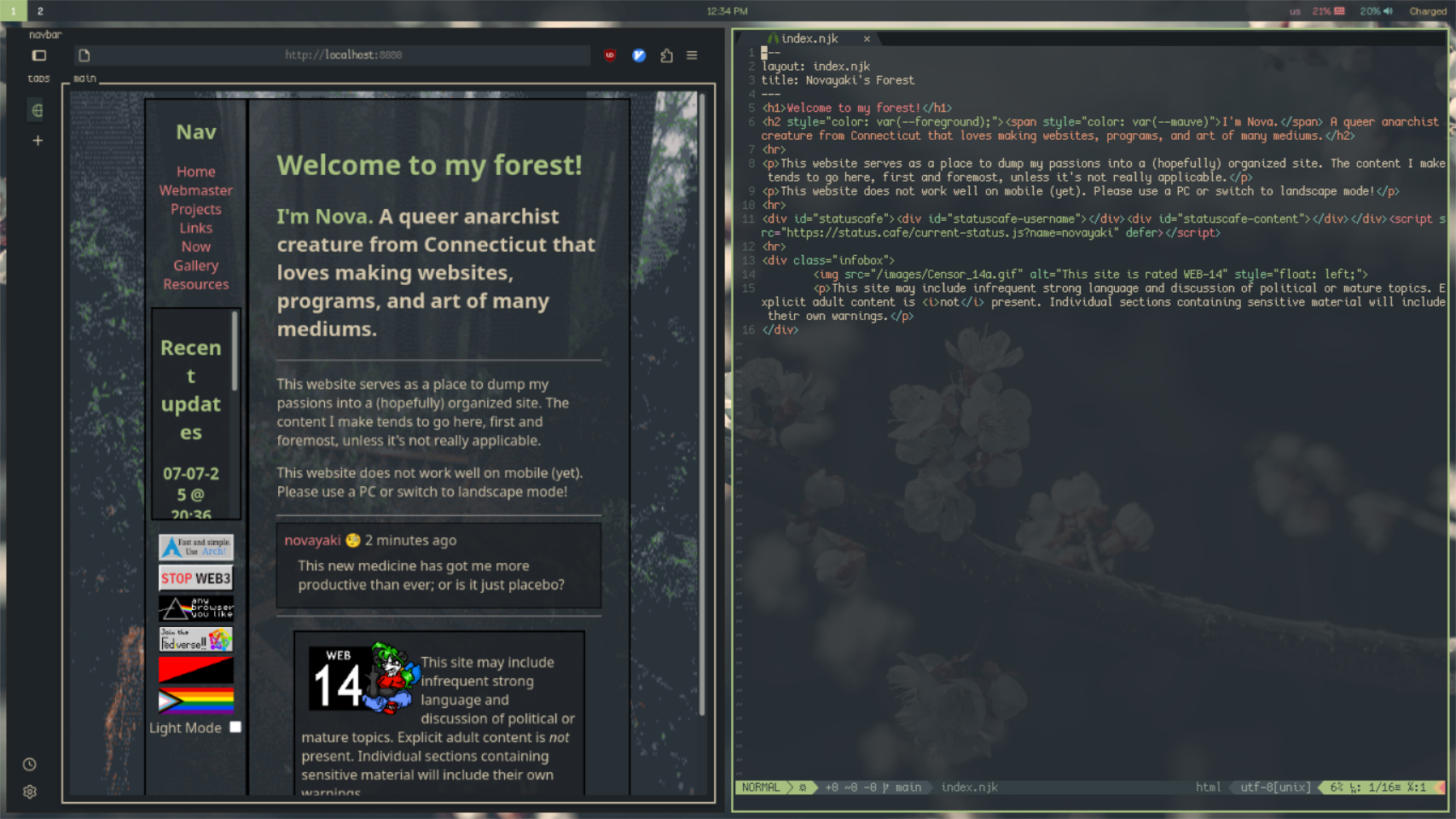 A LibreWolf window on my desktop open to my website on the left, tiled with a Neovim window with the website's code on the right. The background is a picture of flowers with an unknown source.