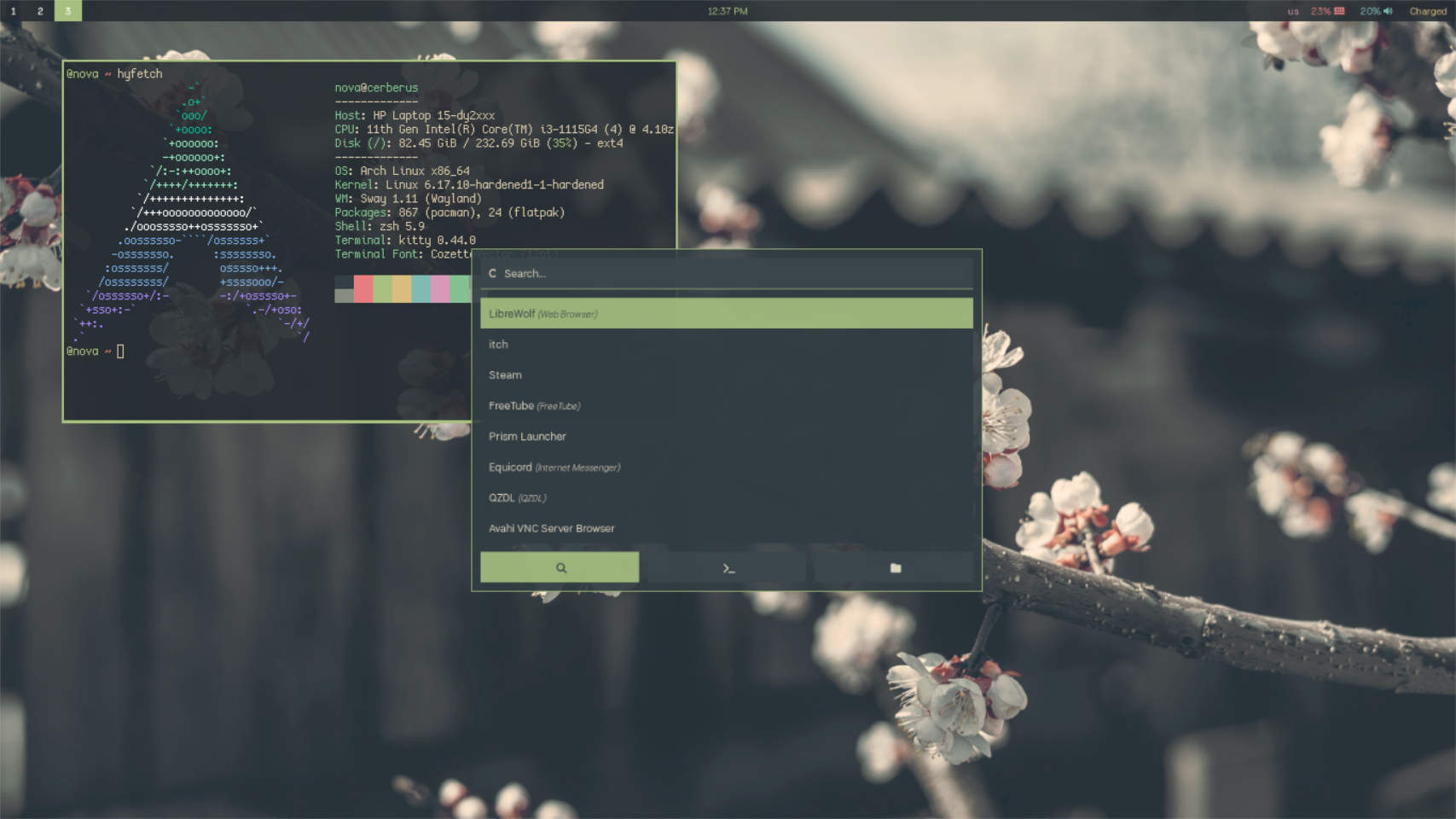 My desktop with a floating kitty window running hyfetch on the top-left, paired with my application menu, Rofi, running in the center. The background is a picture of flowers with an unknown source.